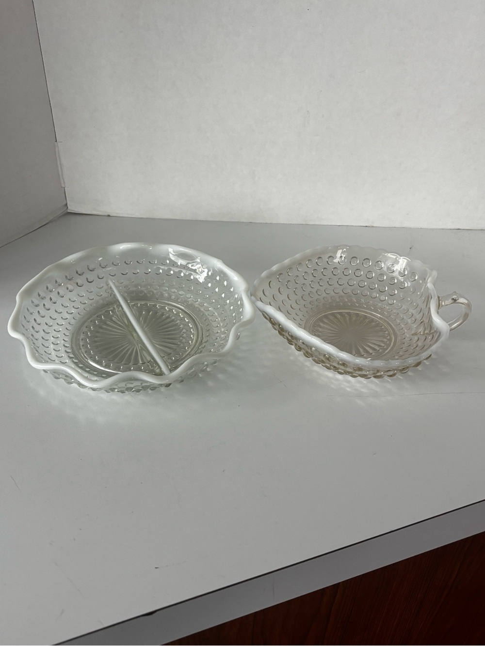 Vintage Anchor Hocking Moonstone Hobnail Divided Dish and Heart Shaped Dish